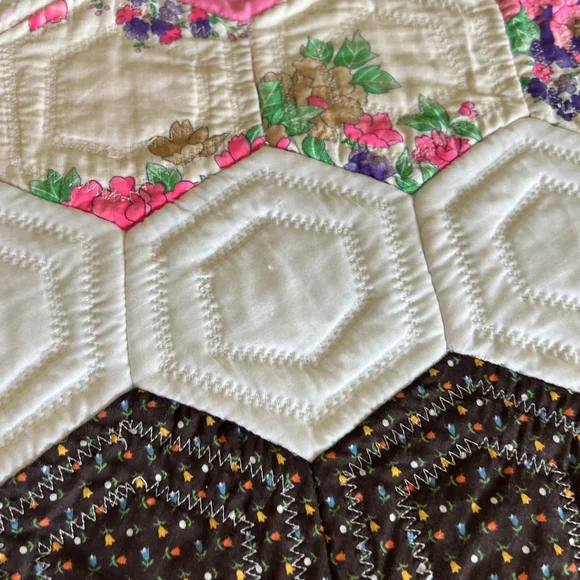 MCM Vintage Colorful Handmade Quilt Octagon Mixed Material 60x94 Flower